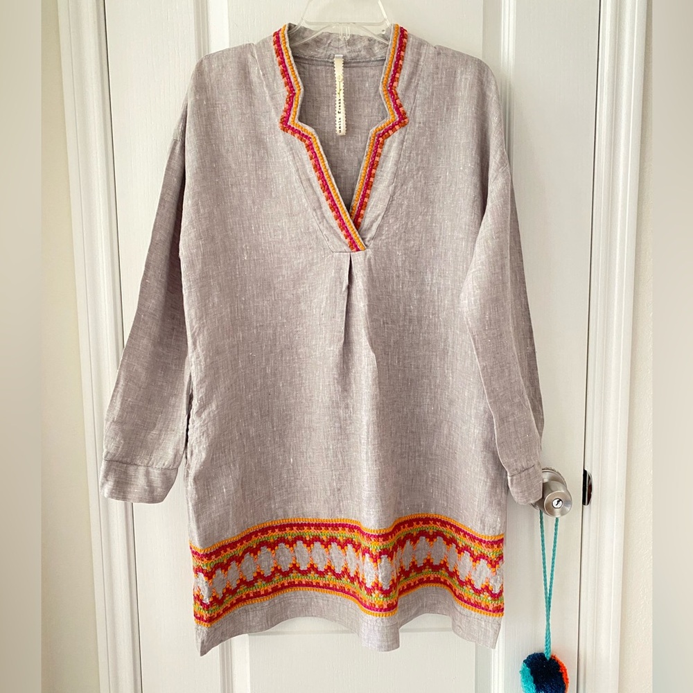 UNCLE FRANK Cross Stitch Embroidered linen V front long sleeves Dress NWT